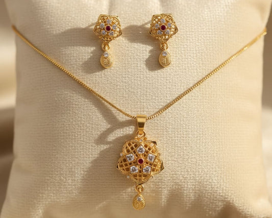 High Gold Plated And Diamond Studded Fancy Forming Pendant Set with Earrings