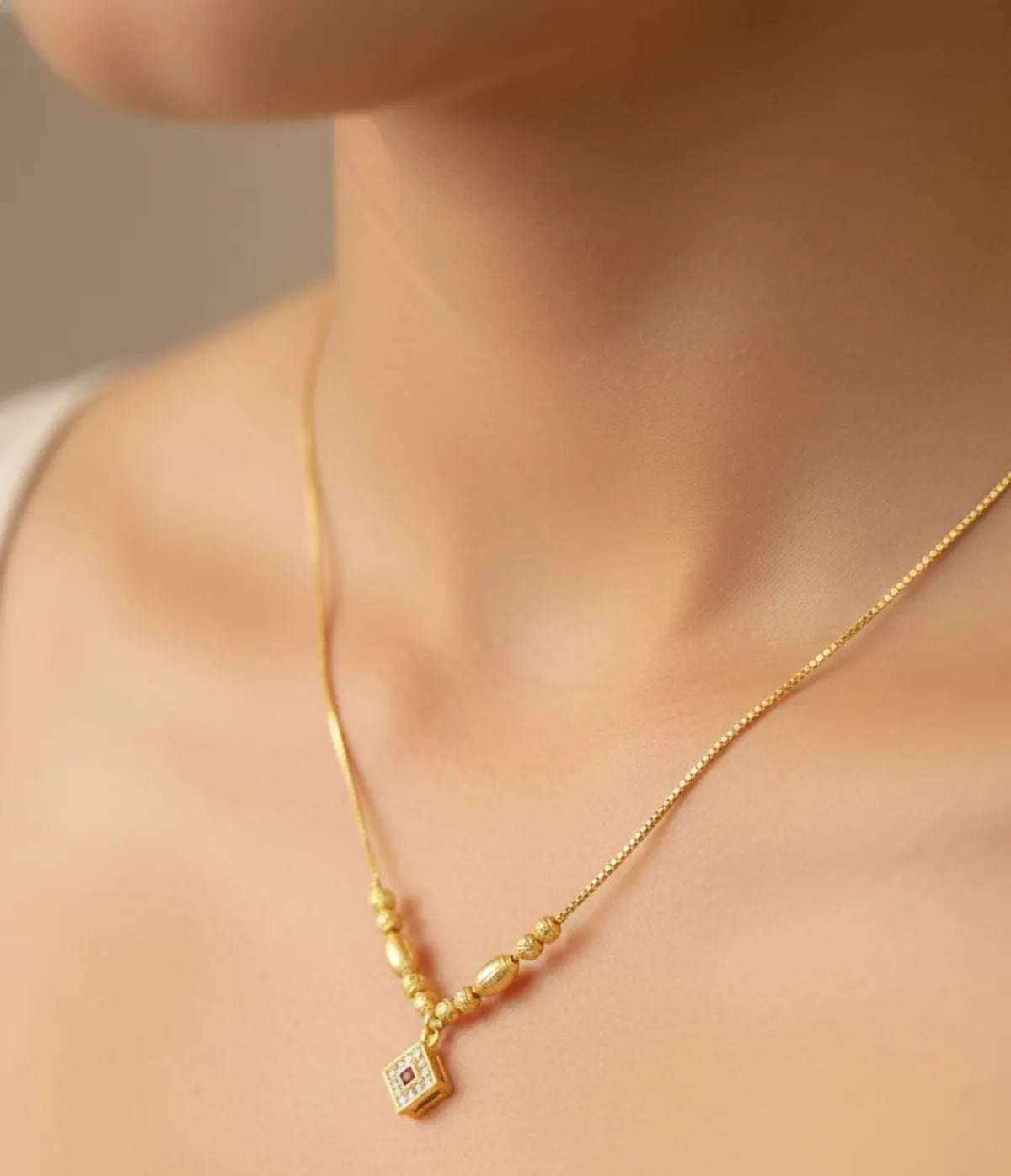 Elegant Gold Beaded Necklace with Ruby-Inspired 18 inches Pendant