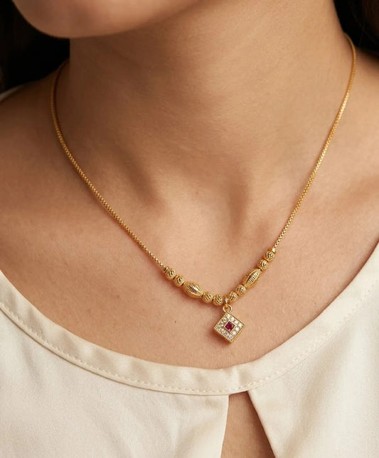 Elegant Gold Beaded Necklace with Ruby-Inspired 18 inches Pendant