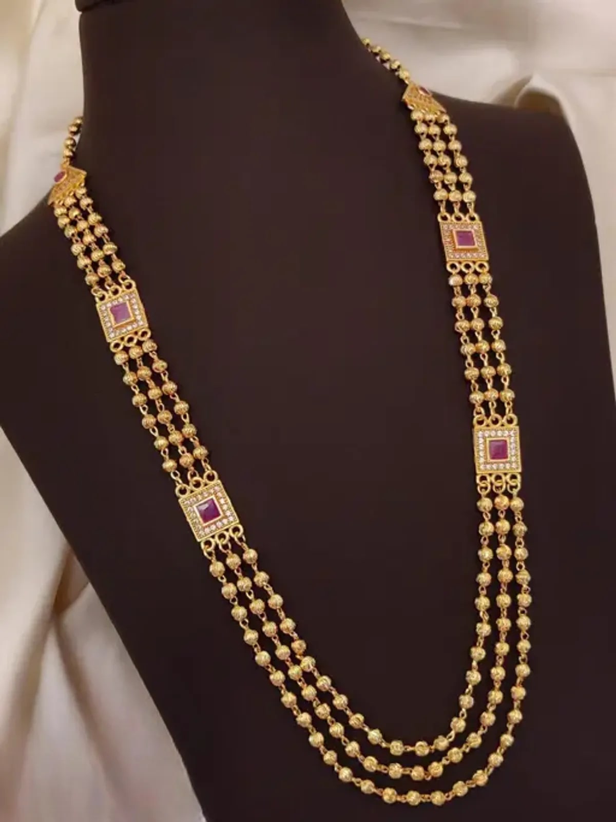Micro Gold Plated And Diamond & Ruby Stone Studded Fancy 3 Line Square Necklace For Women