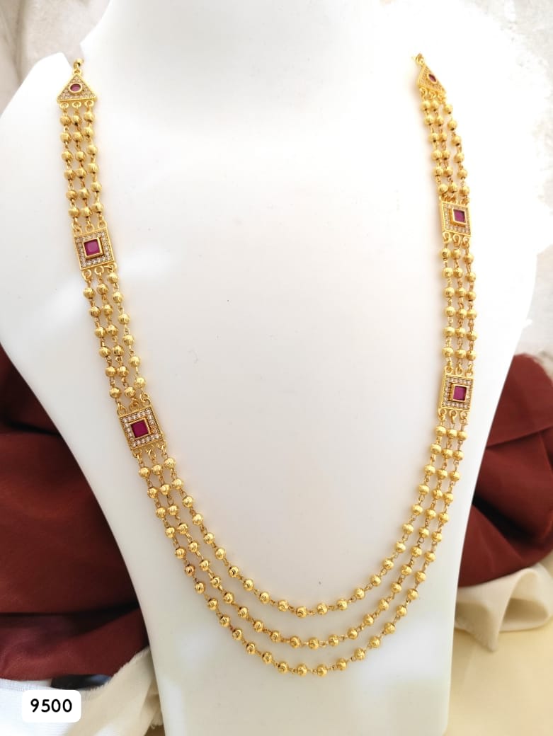 Micro Gold Plated And Diamond & Ruby Stone Studded Fancy 3 Line Square Necklace For Women