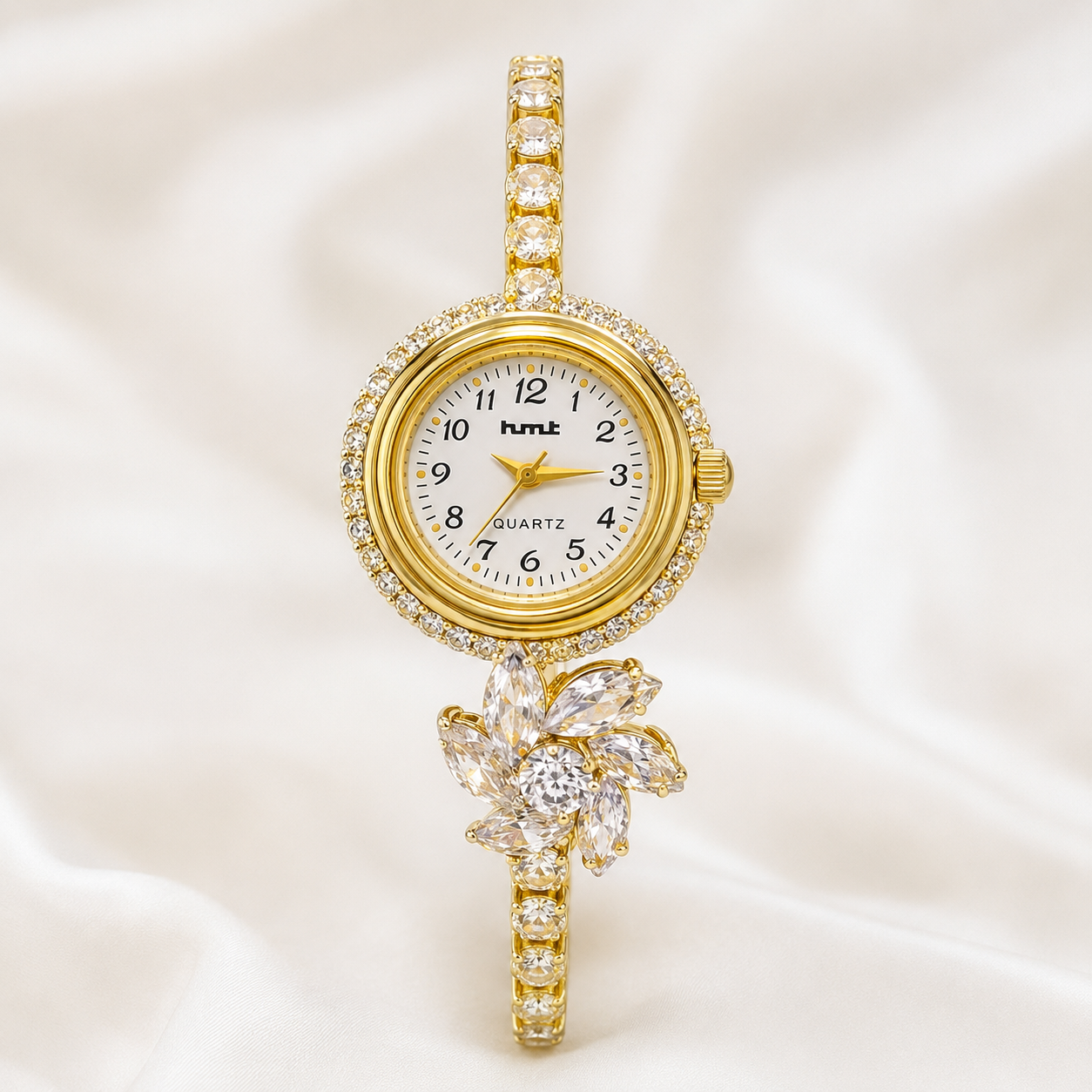 Elegant HMT Floral Gold-Plated Bracelet Watch