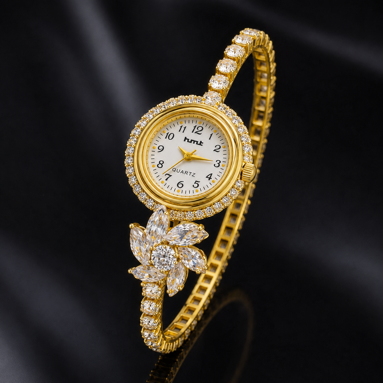 Elegant HMT Floral Gold-Plated Bracelet Watch