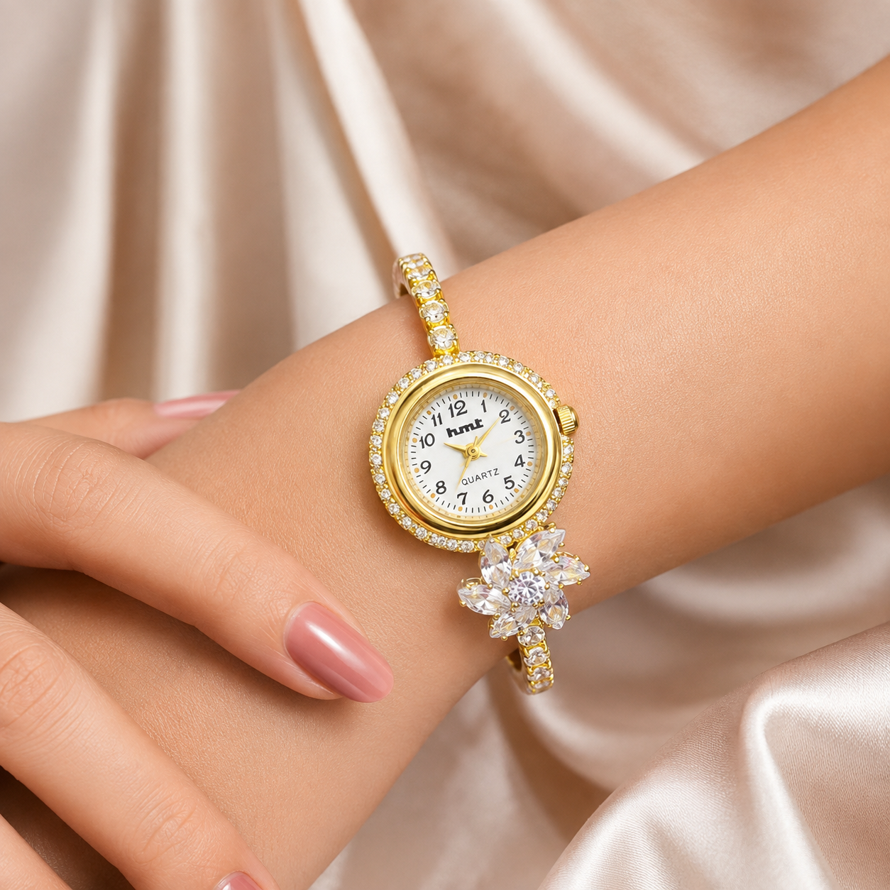 Elegant HMT Floral Gold-Plated Bracelet Watch