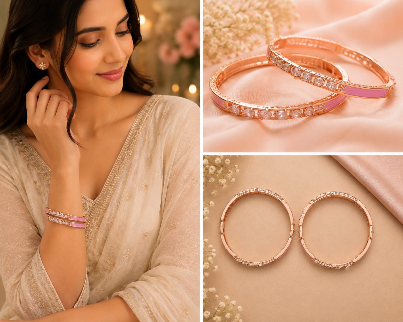 Gold Tone Plated Pink Enamel Split Design Bangles