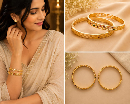 Gold Tone Plated Red Green Stone Bangle Set