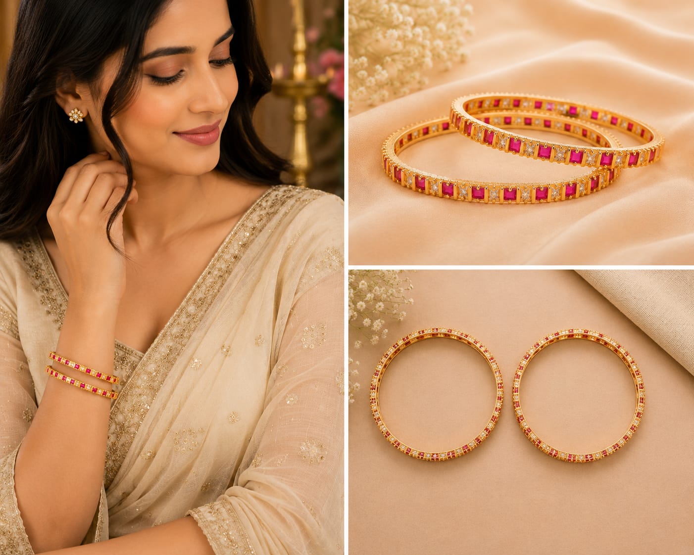 Gold Tone Plated Ruby Red White Stone Bangles
