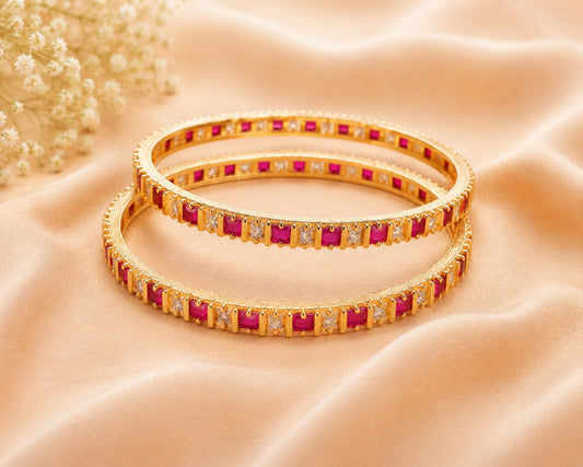Gold Tone Plated Ruby Red White Stone Bangles