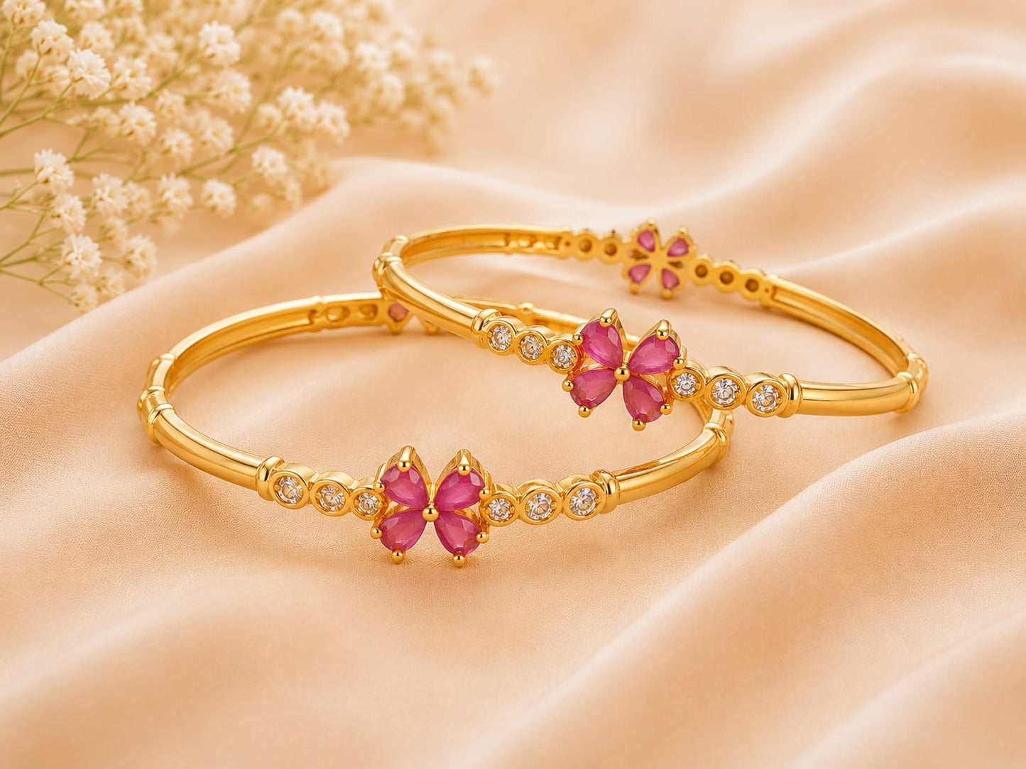 Gold Tone Plated Pink Stone Floral Bangle Pair