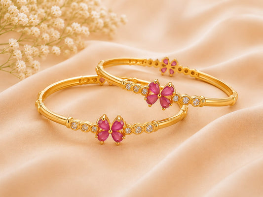 Gold Tone Plated Pink Stone Floral Bangle Pair