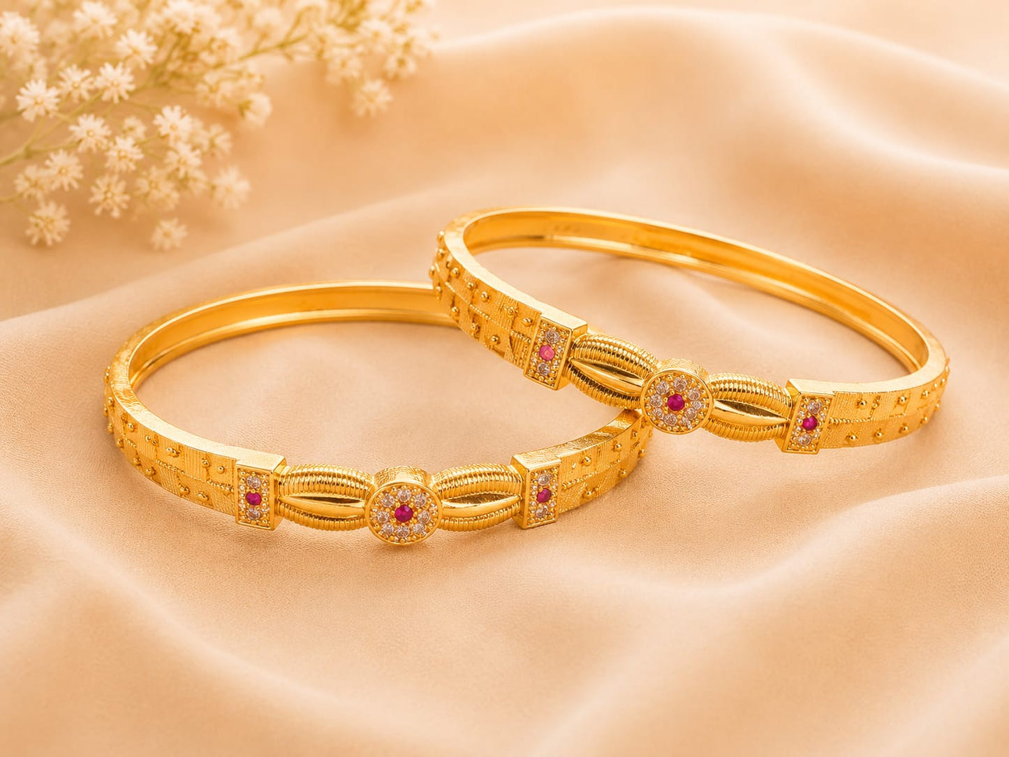 Gold Tone Plated Traditional Floral Red Stone Bangles
