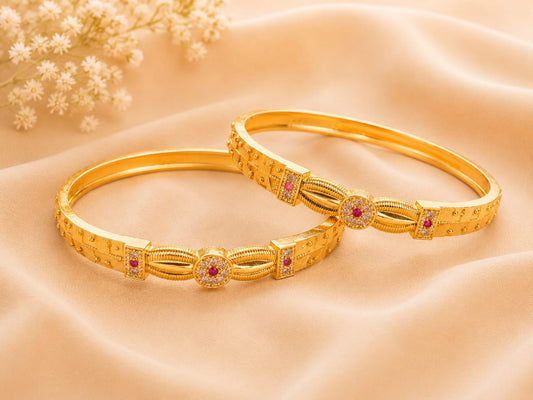 Gold Tone Plated Traditional Floral Red Stone Bangles