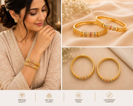 Gold Tone Plated Red White Stone Jaali Bangles