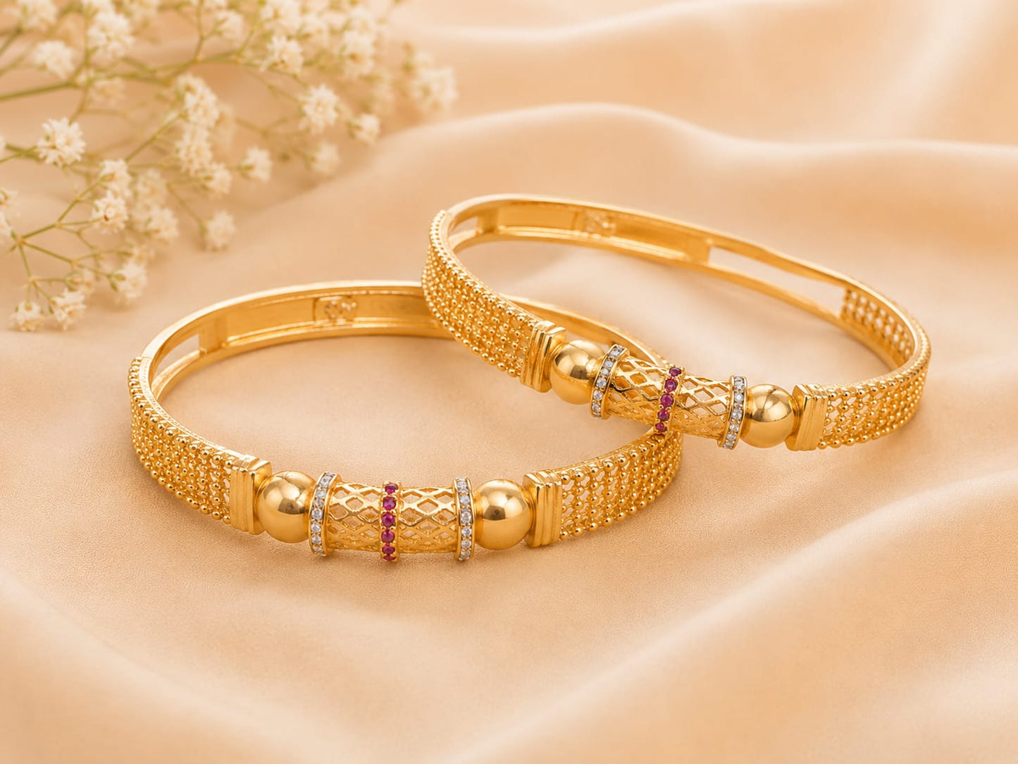 Gold Tone Plated Red White Stone Jaali Bangles