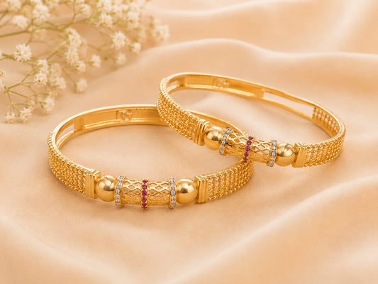 Gold Tone Plated Red White Stone Jaali Bangles