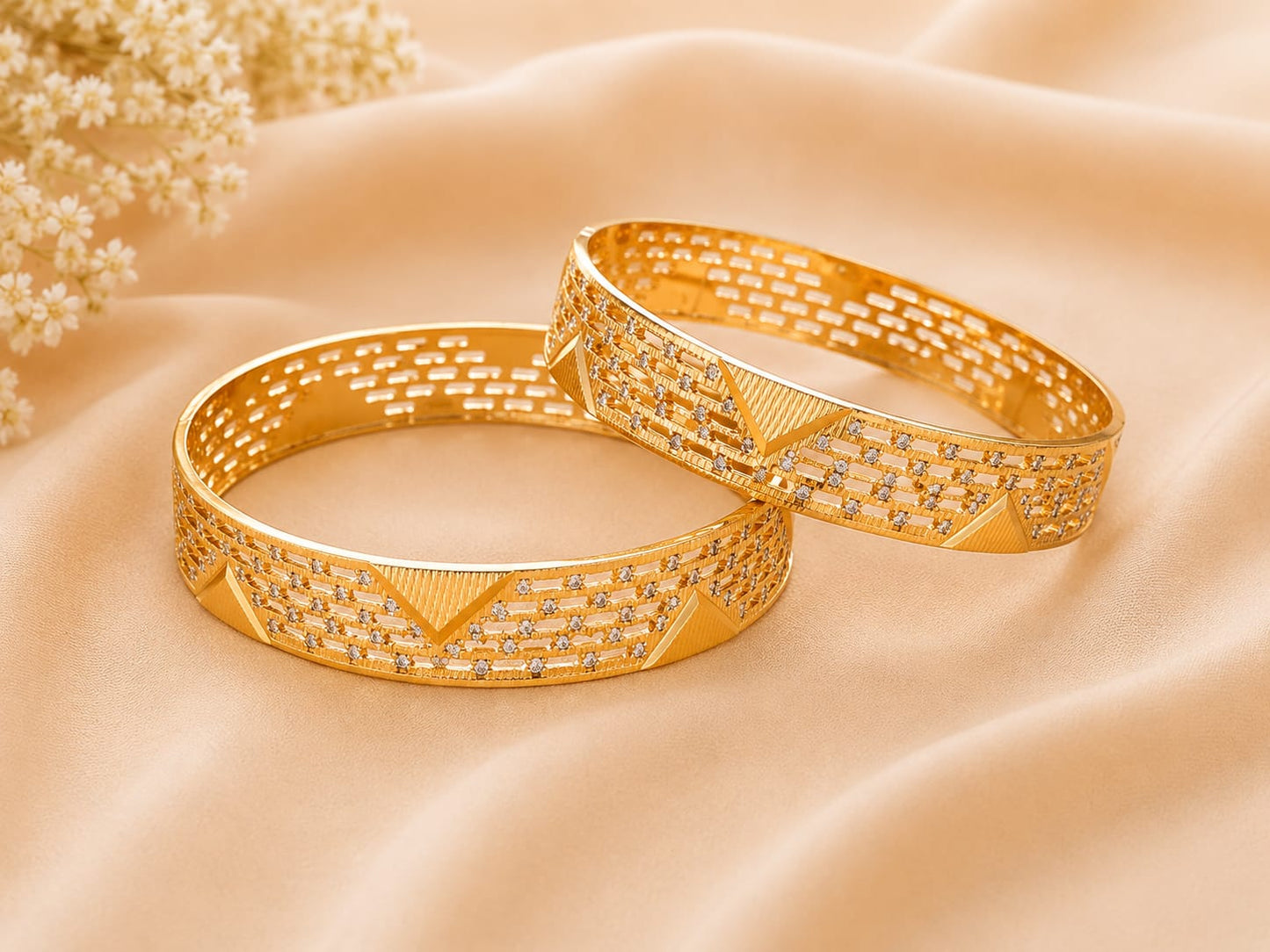 Gold Tone Plated Openwork White Stone Lattice Bangles