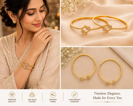 Gold Tone Plated Floral Wave White Stone Bangles