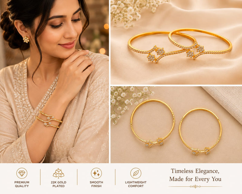 Gold Tone Plated Floral Wave White Stone Bangles