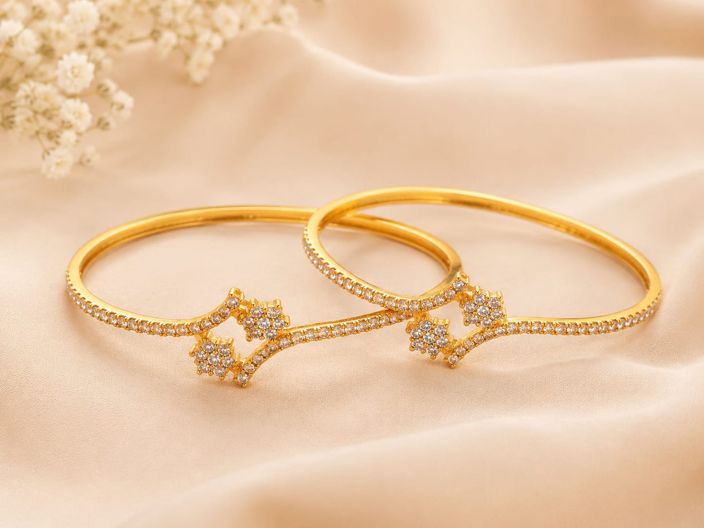 Gold Tone Plated Floral Wave White Stone Bangles