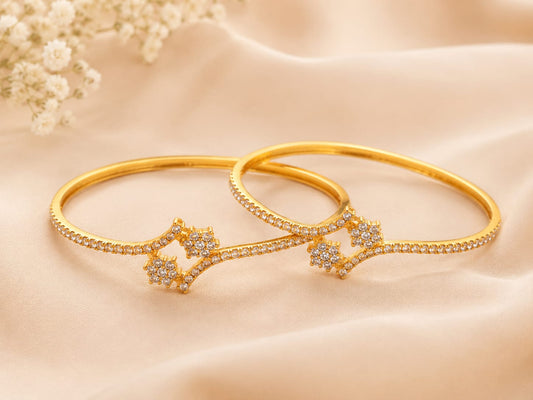 Gold Tone Plated Floral Wave White Stone Bangles