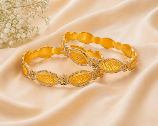Gold Tone Plated Scalloped White Stone Bangle Set
