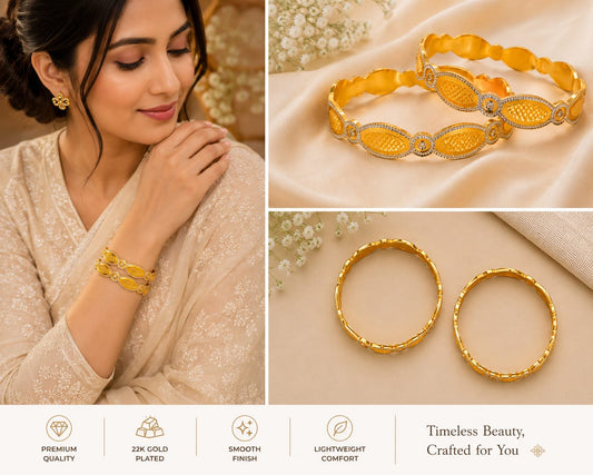Gold Tone Plated Scalloped White Stone Bangle Set