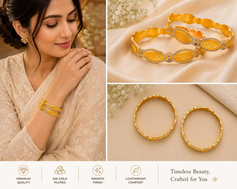 Gold Tone Plated Scalloped White Stone Bangle Set