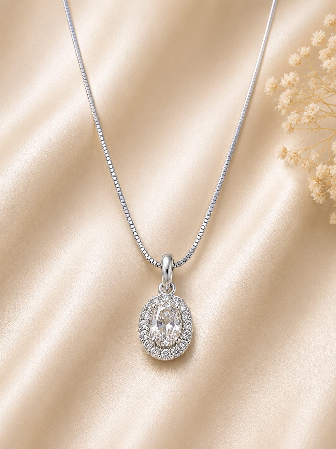 Silver Tone Oval Halo Crystal Pendant Necklace
