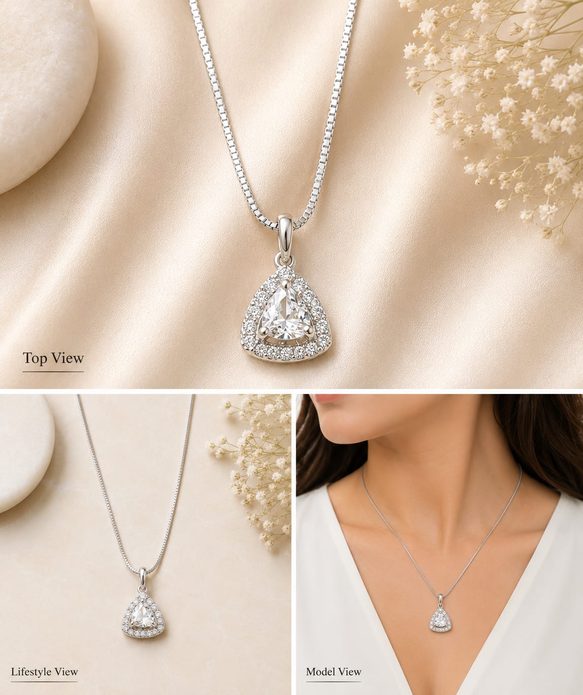 Silver Tone Trillion Cut Halo Pendant Necklace