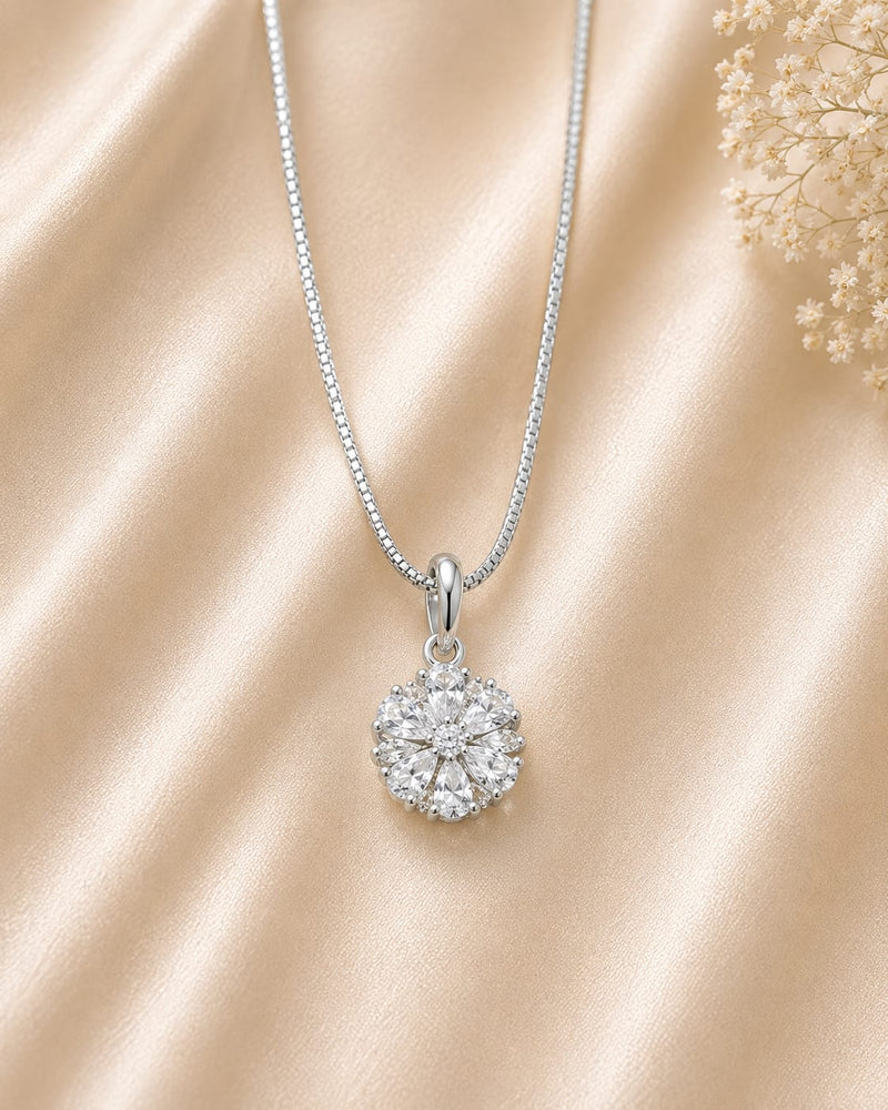 Silver Tone Floral Teardrop Crystal Pendant Necklace