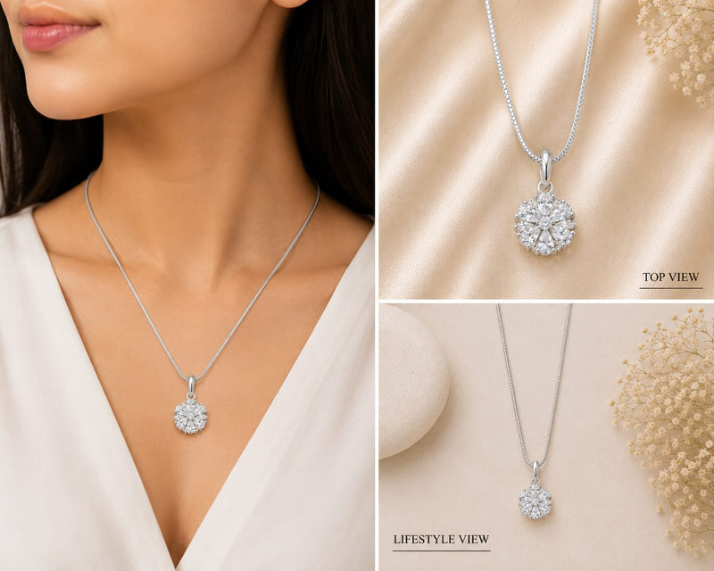 Silver Tone Floral Teardrop Crystal Pendant Necklace