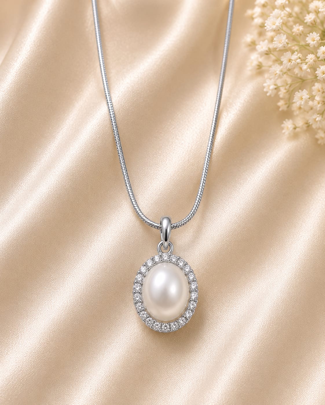 Silver Tone Pearl Cubic Zirconia Halo Necklace