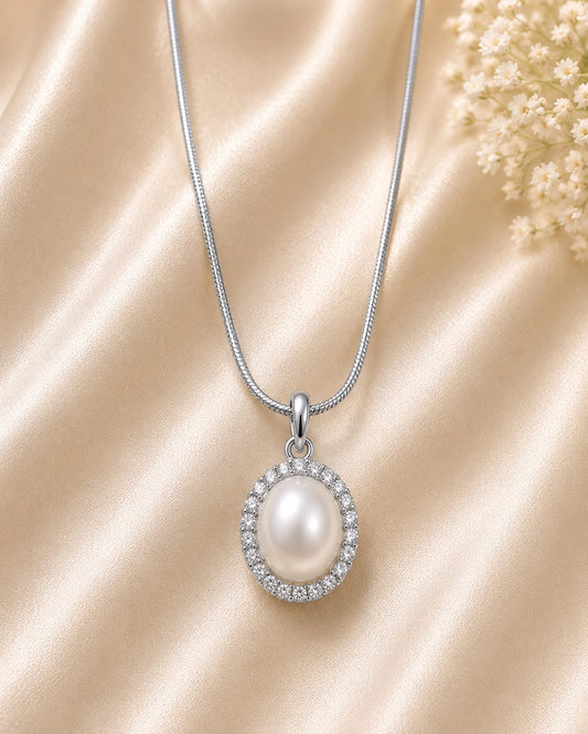 Silver Tone Pearl Cubic Zirconia Halo Necklace