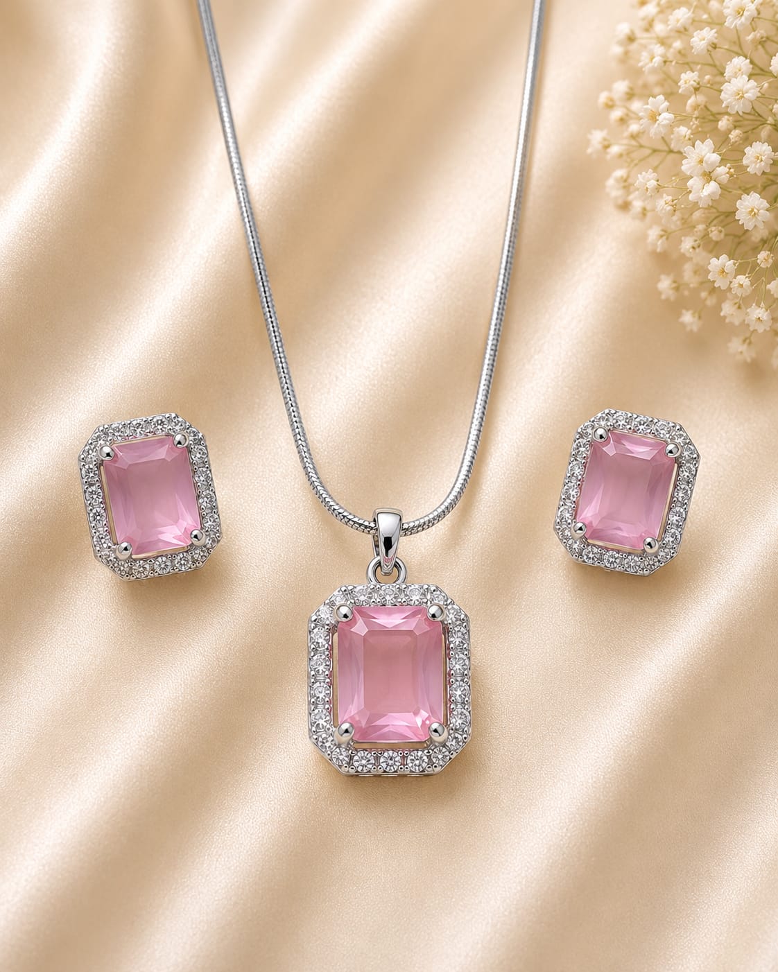 Silver Tone Pink Halo Pendant and Earring Set