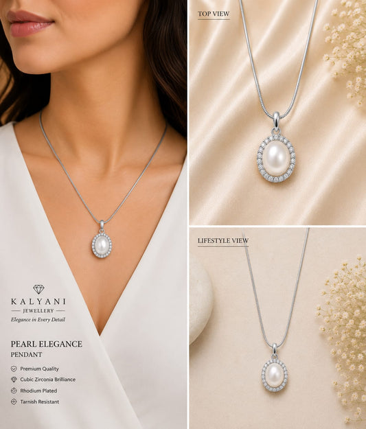 Silver Tone Pearl Cubic Zirconia Halo Necklace