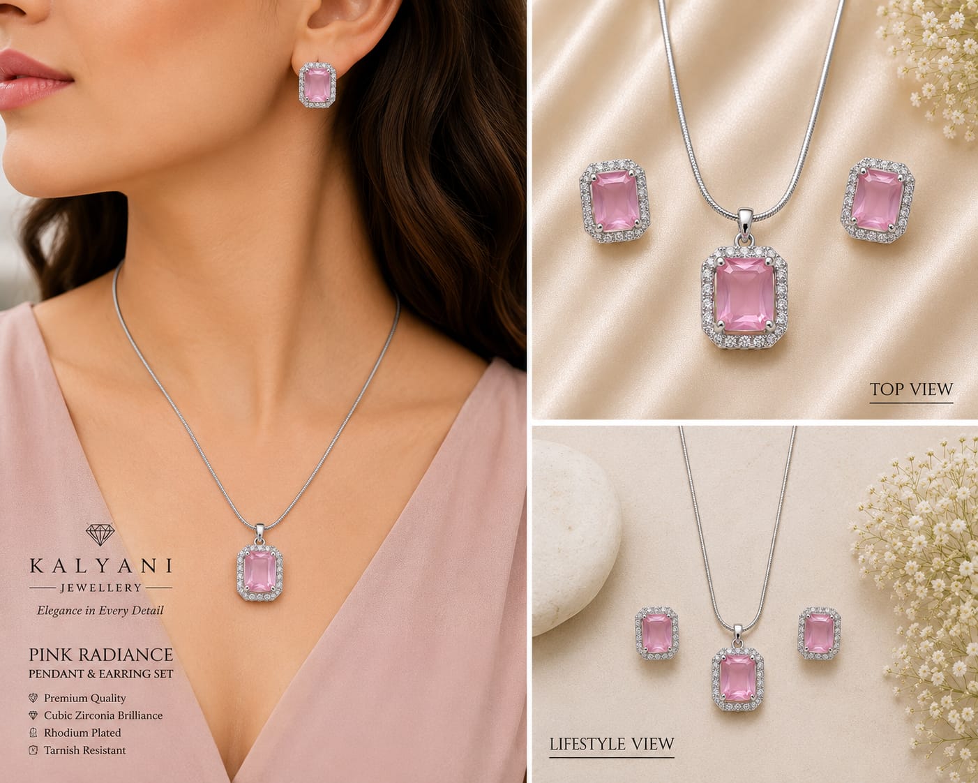 Silver Tone Pink Halo Pendant and Earring Set