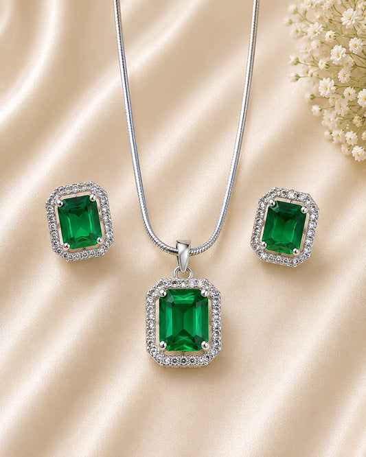 Silver Tone Green Halo Pendant and Earring Set