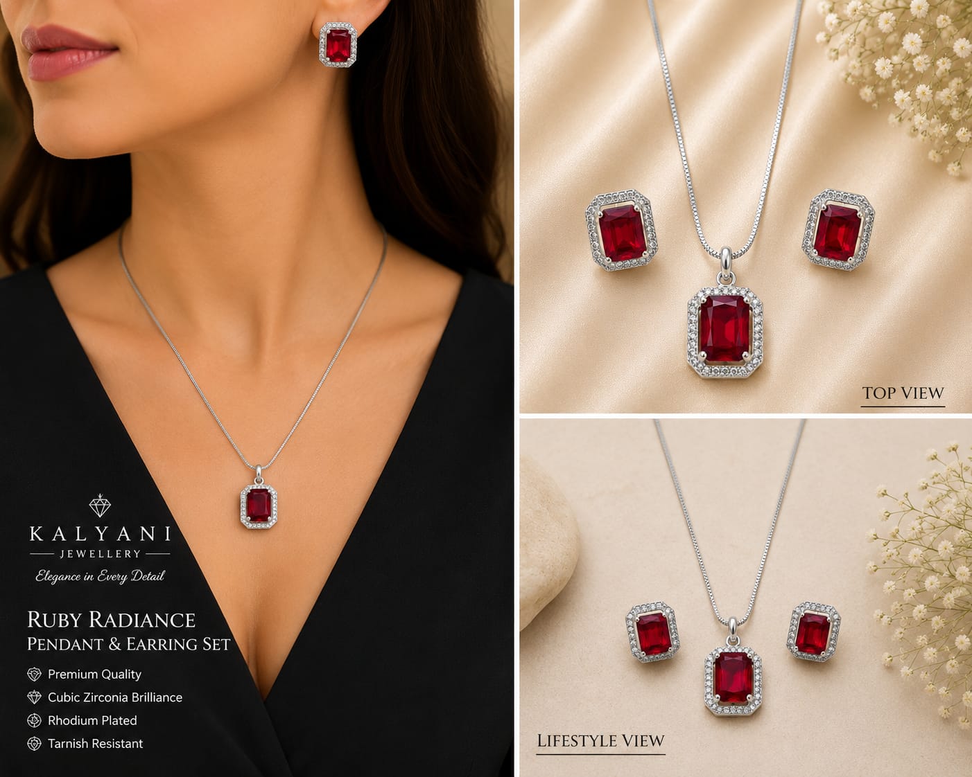 Silver Tone Ruby-red Halo Pendant and Earring Set