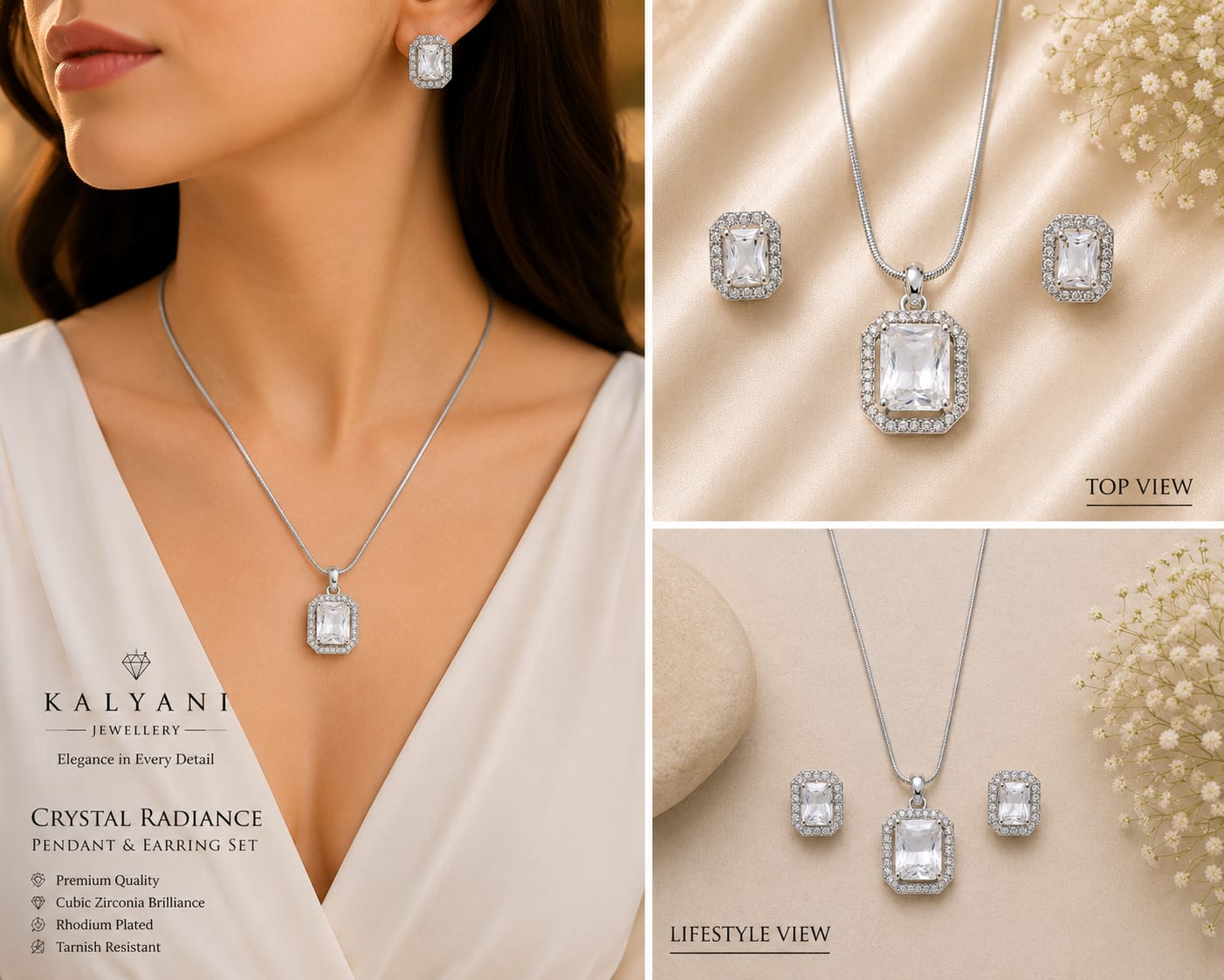 Silver Tone White Halo Pendant and Earring Set