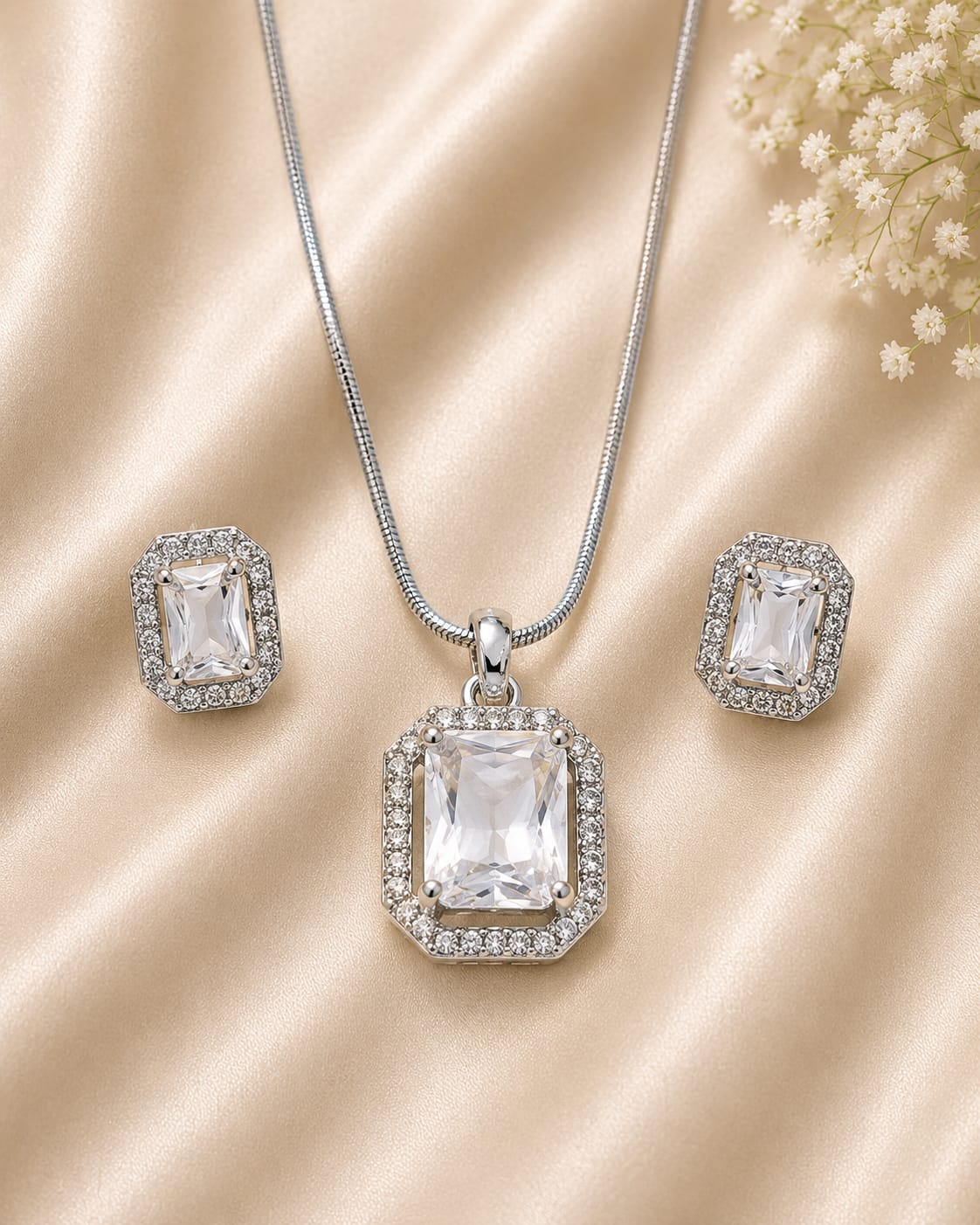 Silver Tone White Halo Pendant and Earring Set