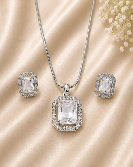 Silver Tone White Halo Pendant and Earring Set