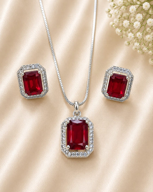 Silver Tone Ruby-red Halo Pendant and Earring Set