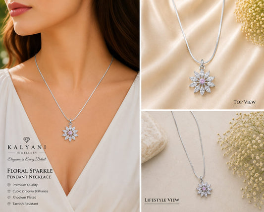 Silver Tone Pink Floral Marquise CZ Necklace
