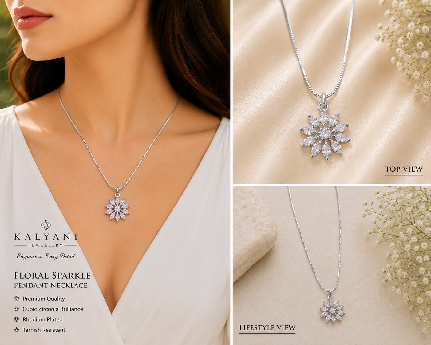 Silver Tone White Floral Marquise CZ Necklace