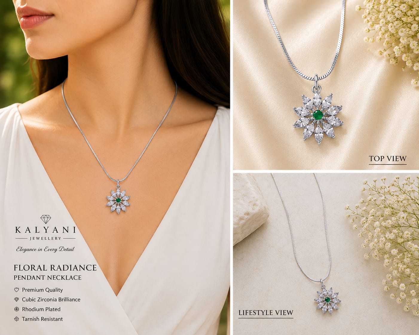 Silver Tone Green Floral Marquise CZ Necklace