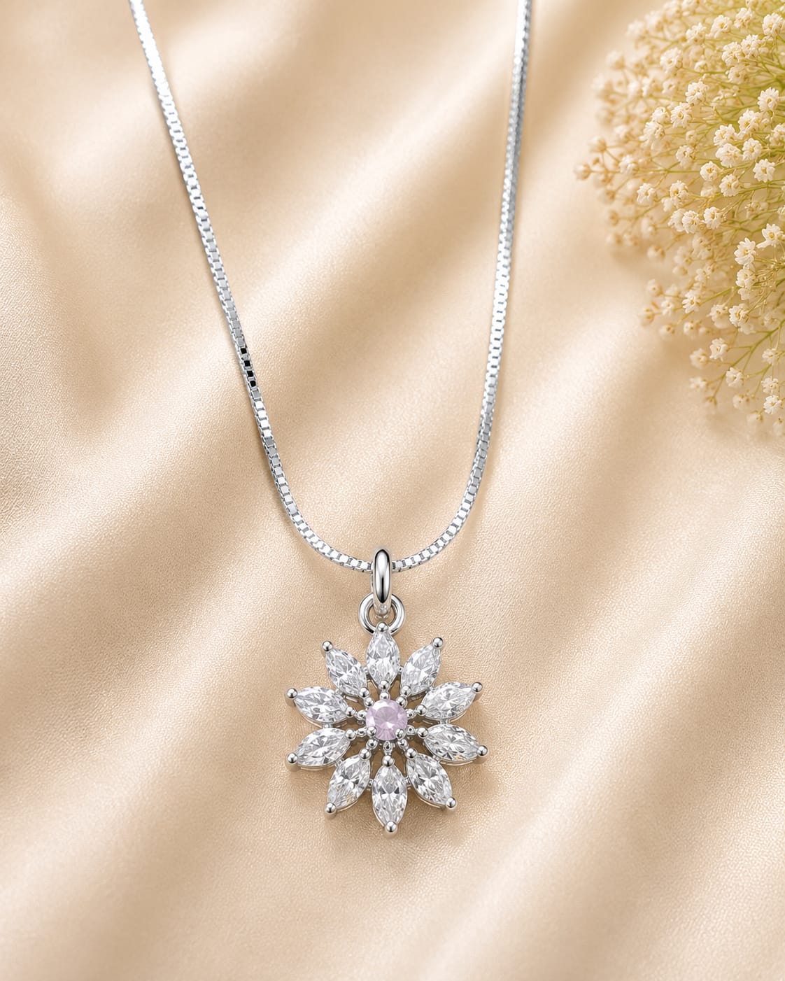 Silver Tone Pink Floral Marquise CZ Necklace