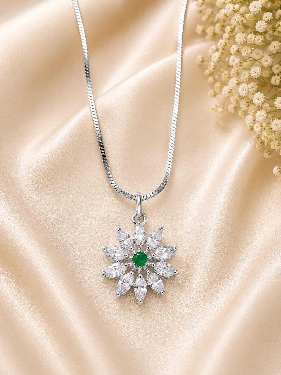 Silver Tone Green Floral Marquise CZ Necklace