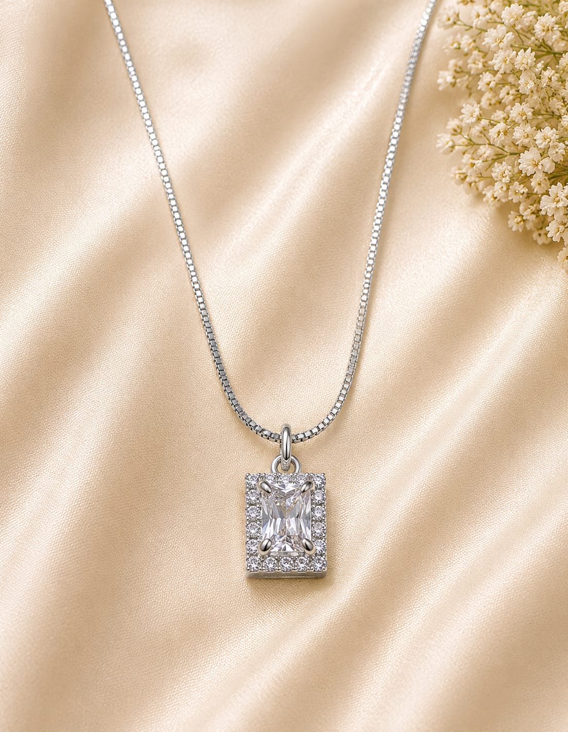 Silver Tone White Emerald Cut Halo Necklace