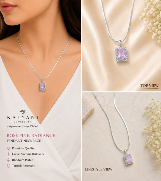 Silver Tone Soft Pink Emerald Cut Halo Necklace