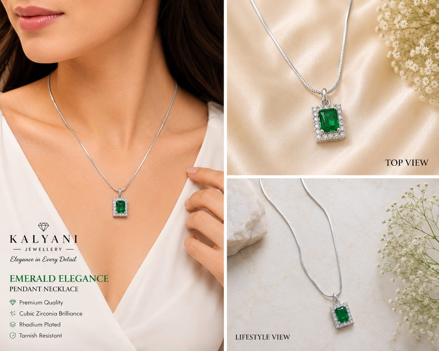 Silver Tone Green Emerald Cut Halo Necklace